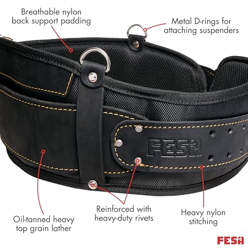 FESA Padded Leather Tool Belt with Back Support Have D-rings for Suspenders Black