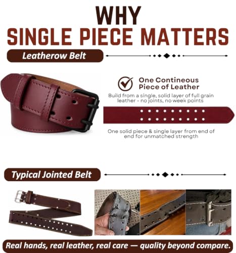 Full Grain Leather Tool Belt — 2" Heavy Duty Work Belt Burnished Edges — Amish-Crafted Utility Belt for Carpenters, Electricians, Construction & Contractors, Adjustable (Burgundy, 40"-48") Burgundy 40"-48" Inch