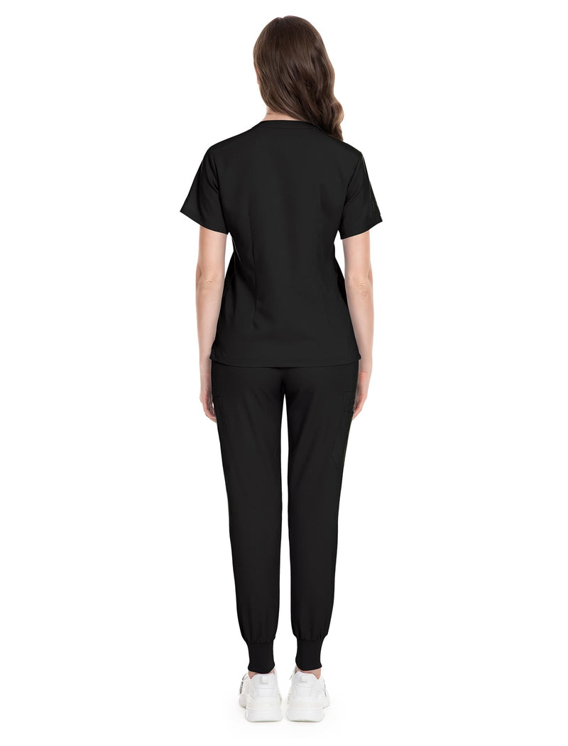 niaahinn Women's Scrub Top with Classic V-Neck & Yoga Jogger Pants Medical Nursing Uniform Set Medium Black