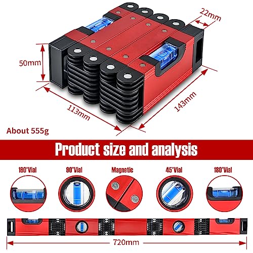 Level, Foldable Multi-Function Precise Measuring Aluminum Alloy Level Tool with Multi-Angle Folding, 4 Level Bubbles, Ideal Woodworking Tool for Carpenter, 28 Inch (EWK-RLALR) EWK-RLALR