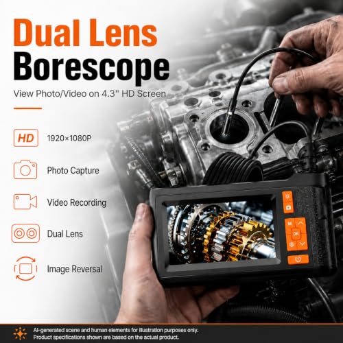 Dual Lens Borescope Inspection Camera, 4.3" HD Screen 1080P Photo Video 4.3'' Dual Lens 16.4FT