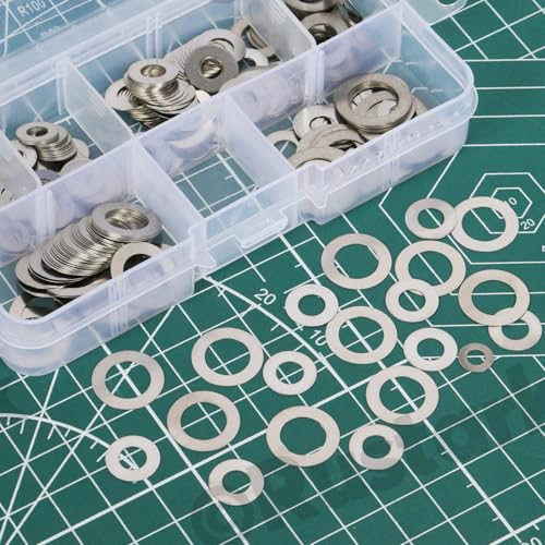 175Pcs 6 Sizes 304 Stainless Steel Flat Washer Assortment Kit Ultra Thin Flat Spacers Shim Washers Barrel Washers for Bolts Screws