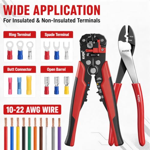 KATA Wire Crimper and Automatic Wire Stripper Tool Set for Electrical Work 2pc Red