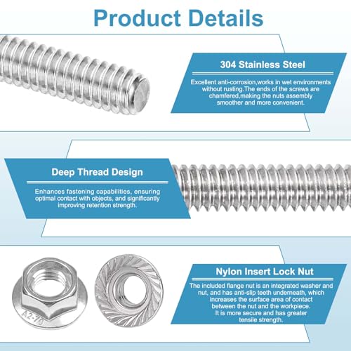 PATIKIL M16 x 2mm Fully Threaded Rods 12 Inch/300mm, 304 Stainless Steel All Threaded Rod Metric Right Hand Threads with 2Pcs Flange Hexagon Nut for Clamps Hangers U-Bolt M16 x 300mm 1