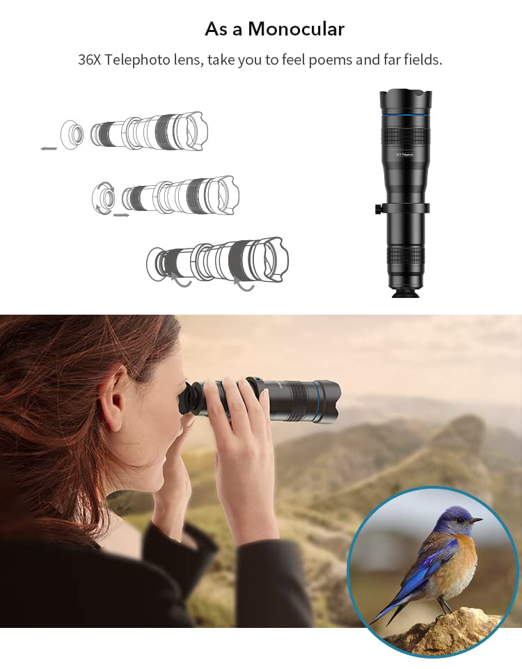 Apexel High Power 36X HD Telephoto Lens with Phone Tripod for iPhone Samsung Pixel One Plus Huawei Lens Attachment Black