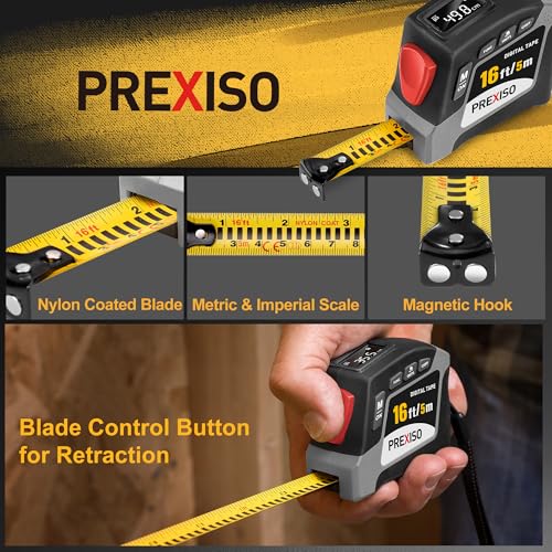 PREXISO 2-in-1 Digital Tape Measure, 16Ft Digital Measuring Tape Auto Lock Grey