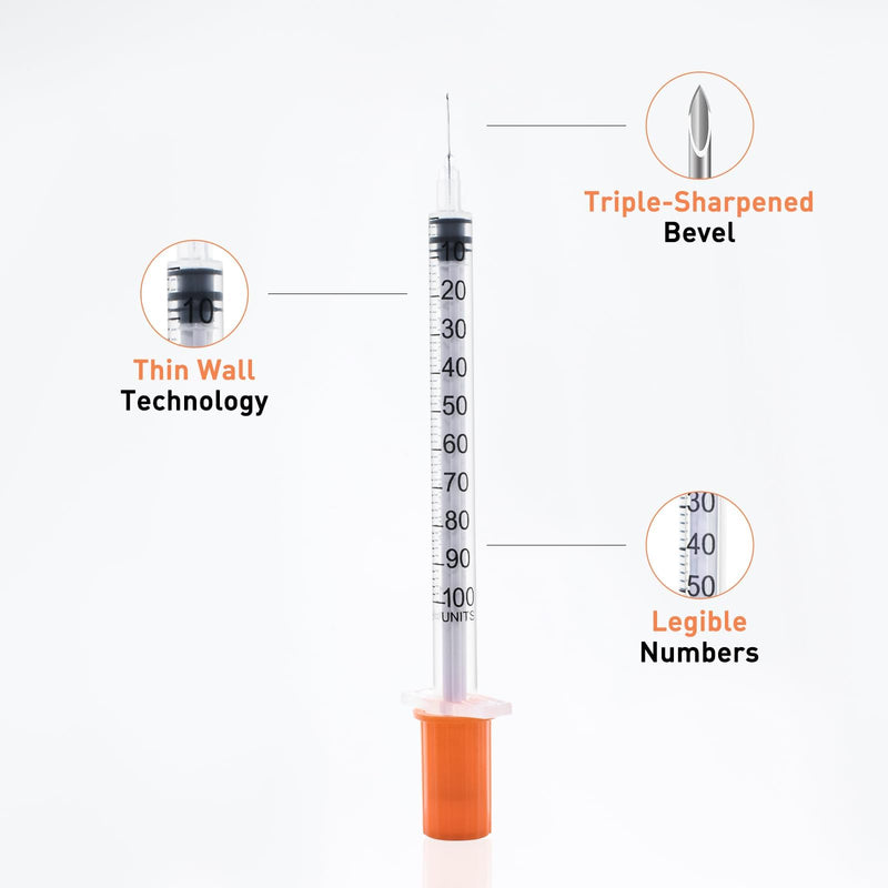 U-100 1cc Syringes with 31g 5/16" (8mm) , Individually Wrapped, Pack of 100 1cc 31g 5/16 In 100 Pack