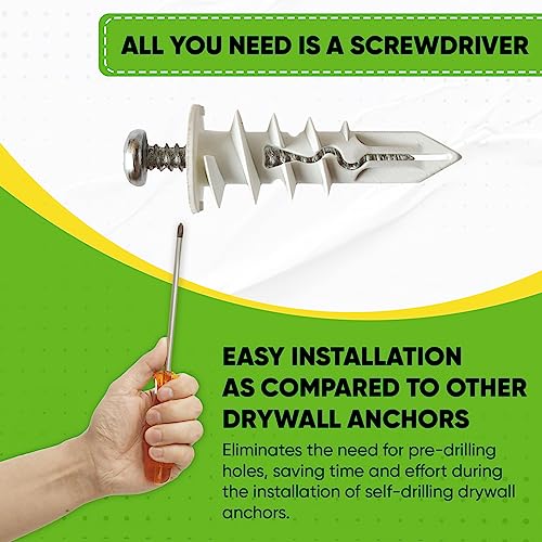 Drywall Anchors Plastic Self-Drilling - Wall Anchors for Drywall Pack Includes 25 Large and 25 Small Anchors With Fitting Phillip Zinc Screws, Hold up to 30-60 Lb. No Pre Drill Hole Required (Plastic)