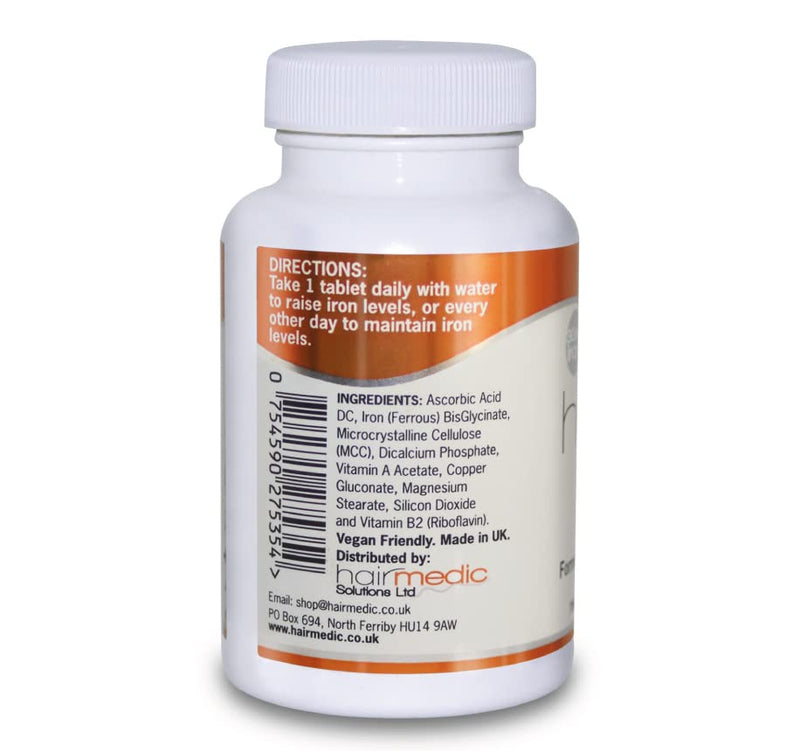 HAIRIRON - High Strength Iron Supplements - Gentle Iron BisGlycinate 30mg with Vitamins C, A & B2 Tablets, Vegan Supplements for Men & Women's Health - 90 Tablets.
