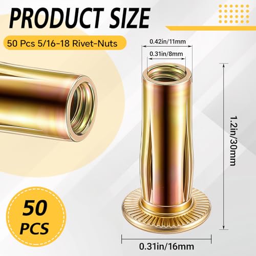 50 PCS 5/16-18 Rivet Nuts, Multi Grip Threaded Insert Nut Kit, Zinc Plated Steel Flat Head Nutserts for Sheet Metal, Automotive, DIY Repair 50