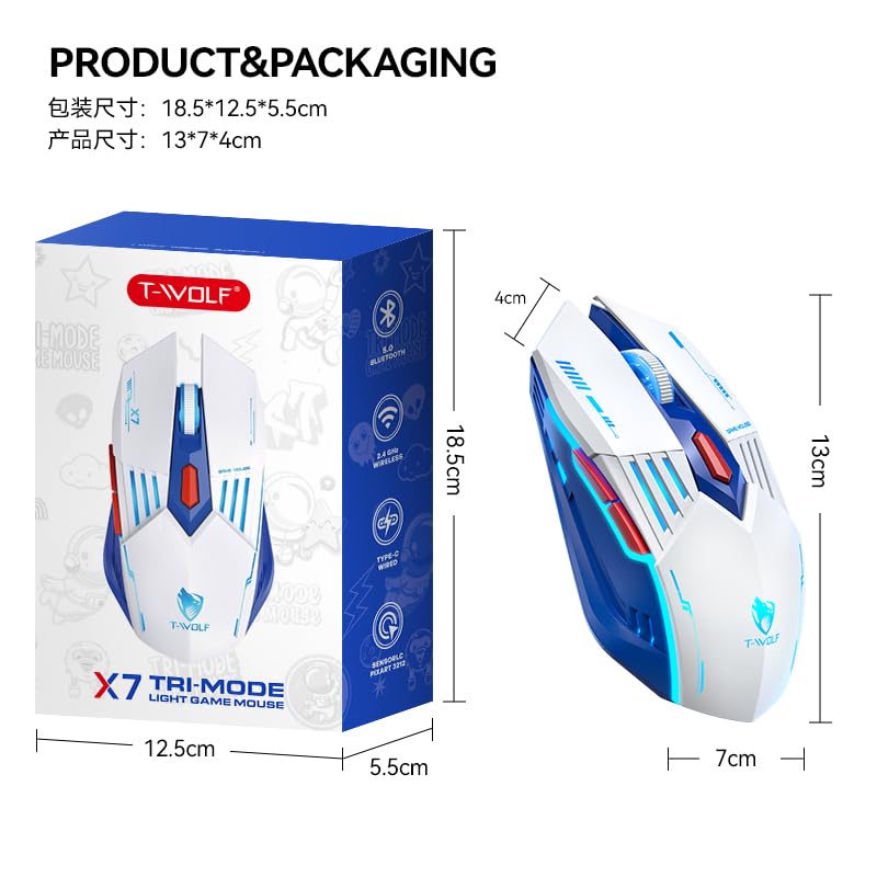 Wireless Gaming Mouse, Tri-Mode Bluetooth 5.1/2.4G/Wired Gaming Mouse, 12800 DPI RGB Computer Mouse with 7 Programmable Buttons, USB-C Rechargeable Ergonomic PC Gaming Mouse for Laptop Mac Windows