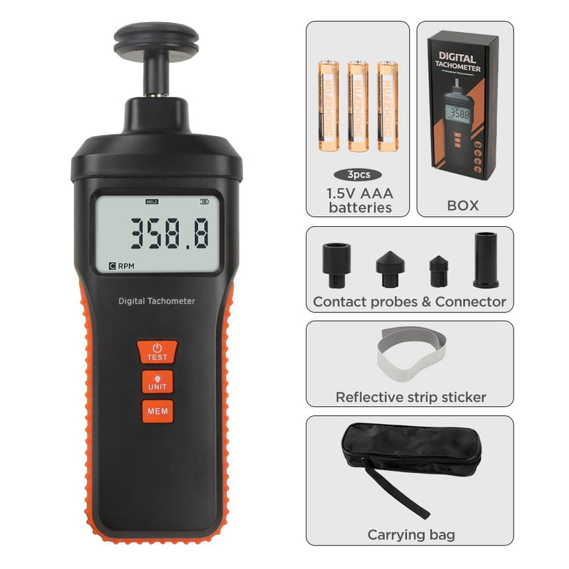 Tachometer Contact & Non-contact Digital Tachometer 4 Test Mode Laser Photo Tachometer 1.0～99999RPM High Accuracy RPM Tachometer with 4 Contact Probes, Backlit Display, Data Memory/Hold,Auto Power Off