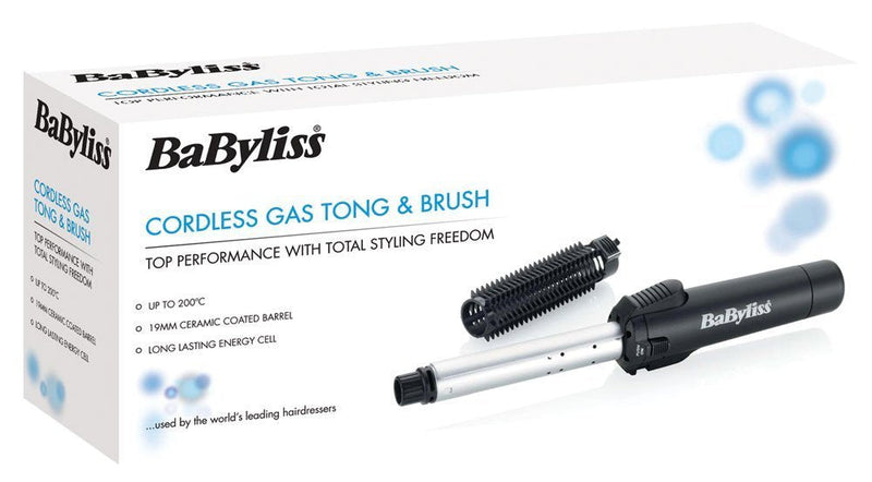 BaByliss Cordless Gas Hair Curler & Brush, 19mm Cermaic Curling Tong, Protective Heat Shield, Fast Heat Up to 200°C, Black, 2583BU