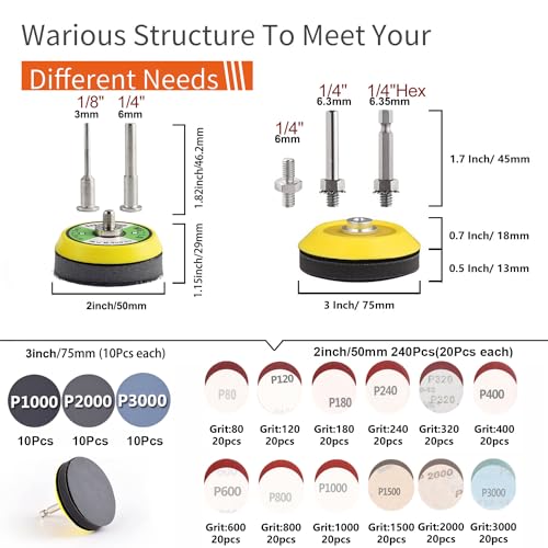 279 Pack 2/3 inch Versatile Sanding Discs Pad Kit for Drill Sanding Grinder Rotary Tools Attachment with 2Pcs 1/8"&1/4" Shank Backer Plate, Sanding Pads Includes 80-3000 Grit