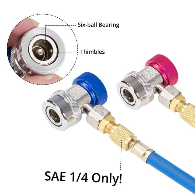 R134a Quick Coupler Adapter, Adjustable R134a Adapters and AC Hose Fittings, HP and LP Connectors for R134a Car AC System Evacuation Recharging and More, 1/4" Flares,2 Set