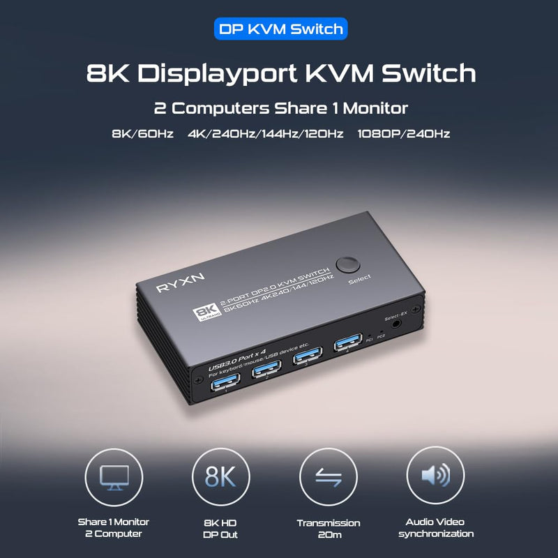 8K DP KVM Switch for 1 Monitor 2 Computers, DisplayPort 2.0 Share USB 3.0 Devices With 4 USB Hub, Support 8K@60Hz, 4K@240Hz/175Hz/144Hz, Extension Control Switch and 2 Cables 8K 60Hz DP KVM