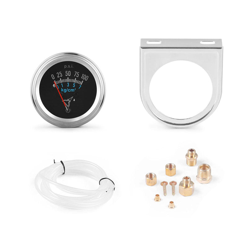 2''52mm Mechanical Oil Pressure Gauge Kit,0-100 PSI,0-7kg/cm², Universal Fit with M8*1 Threads,Chrome,Black
