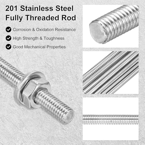 M METERXITY 8-Pack Fully Threaded Rod, M4x400mm 201 Stainless Steel Right Hand Thread Bar Studs with Hex Nuts and Washers for Furniture Anchor Bolts/Clamps/U-Bolts/Beaded Garden Stake Rods