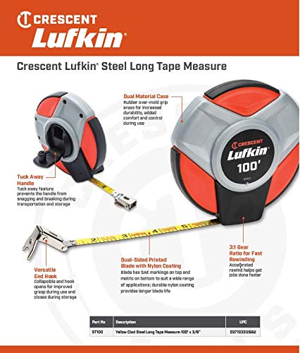 Crescent Lufkin 3/8" x 30m/100' Closed Reel SAE/Metric Yellow Clad Steel Long Tape Measure - ST100