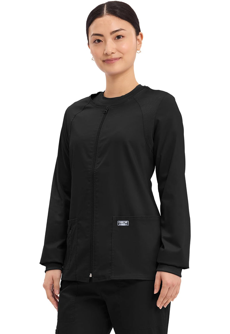 Cherokee Zip Front Scrub Jackets for Women, 3 Pockets, 2-Way Stretch, Soft, Breathable,Brushed Twill - 4315 Medium Black