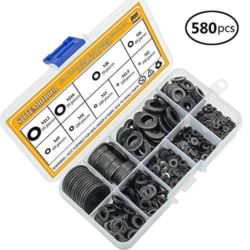Black Zinc Plated Alloy Steel Flat Washers Set 580 Pieces, 9 Sizes - M2 M2.5 M3 M4 M5 M6 M8 M10 M12 Black Washers Assortment Kit (580 Pieces)