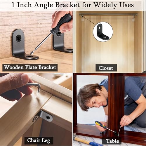50 PCS 1"x1"L Brackets Corner Braces with 100 PCS Screws, Right Angle Brackets, Black Stainless Steel L Shape Bracket Support for Woodworking, Furniture, Shelf, Cabinet,Drawer, Chair Repair 25X25MM