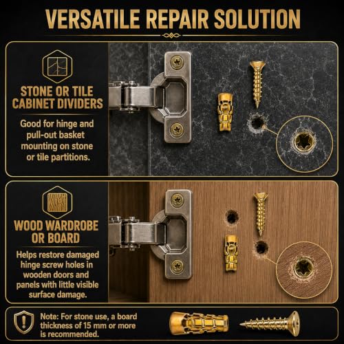 30 Pack 6×14mm Short Expansion Screw Set for Cabinet Hinge Repair and Stripped Thread Restoration,Door Hinge Thread Repair Screws,Wall Anchors Screws Fit 6mm Holes for Tile Stone Wood Door gold-30Pcs