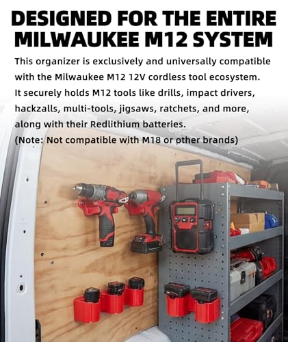 Tool Holders and Battery Holder Wall Mount for Milwaukee M12 12V Tools – All-in-One Organizer Kit with Screws for M12 Drill, Impact Driver, Hackzall, Multi-Tool – Fits Workbench, Van, Toolbox