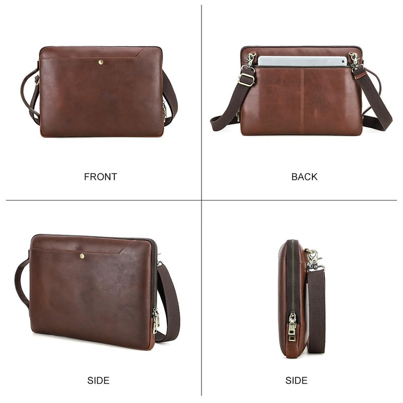 Hiram Laptop Shoulder Bag Handmade Crazy Horse Leather Briefcase Lightweight Computer Bag Coffee
