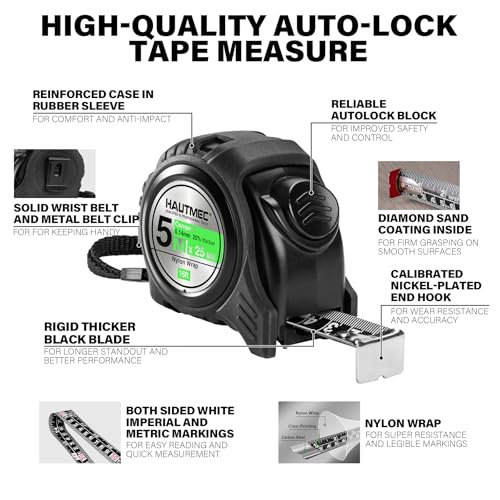  [AUSTRALIA] - HAUTMEC Tape Measure 16ft/5m Dual Scale Metric Measuring Tape, Auto-Lock with Nylon Coated Blade & Rubber Case, for Construction, Woodworking, DIY HT0100-2PC 16ft-2PC