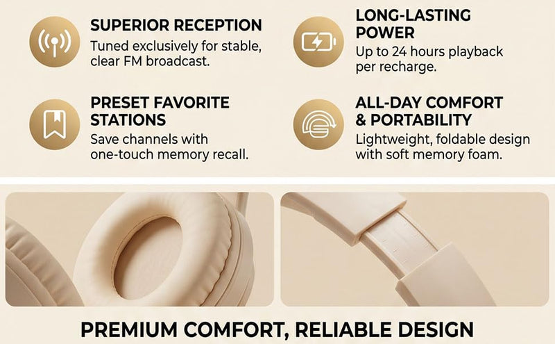 Tangxi Portable Personal FM Radio Headphones with Best Reception, Rechargeable & Foldable, FM Radio Ear Muffs Wireless Headset for Jogging, Mowing, Cycling, Meeting (Creamy White)
