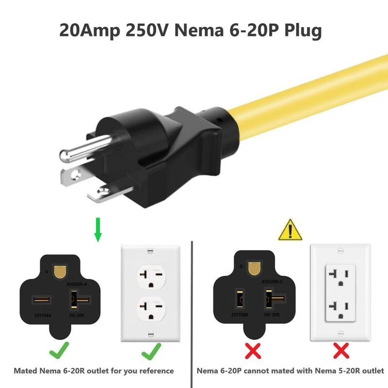 10-Ft Nema 6-20P Extension Cord 20-Amp 250Volt Nema 6-20 Heavy Duty Extension Cable 12AWG, (4 in 1) 6-15R, 6-20R, 5-20R, 5-15R T Blade Female 20AMP Plug Adapter Cord,250V 20A Plug AC Power Cable