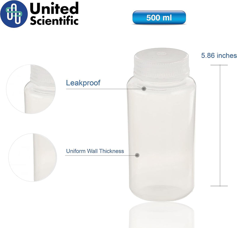 United Scientific™ Sample Bottles with Lids, Polypropylene, 500ml, 12-Pack | 16 oz Capacity, Autoclavable to 121°C, Leakproof Seal Rings, BPA & Phthalate Free, Wide Mouth Reagent Bottle, RoHS Compliant 16 oz (Pack of 12)