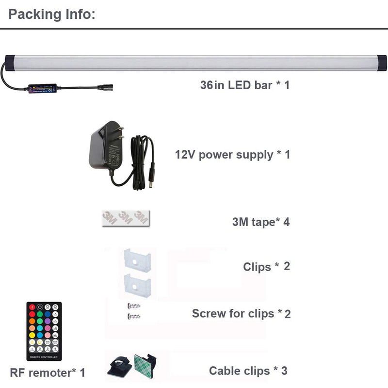 Dimmable Under Cabinet Lighting, RGB LED Light Bar, RF Remote Control Lamp, Multicolor Under Counter Lights for Desk, Room, Cupboard, Hallway, Shelf, Closet (36 Inch) 36 Inch