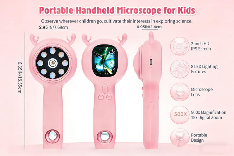 Handheld Digital Microscope, STEM Educational Science Learning Activity Kit, 500X Magnification Digital Deer Microscope, Christmas, Festival and Birthday Gift (Pink) Pink