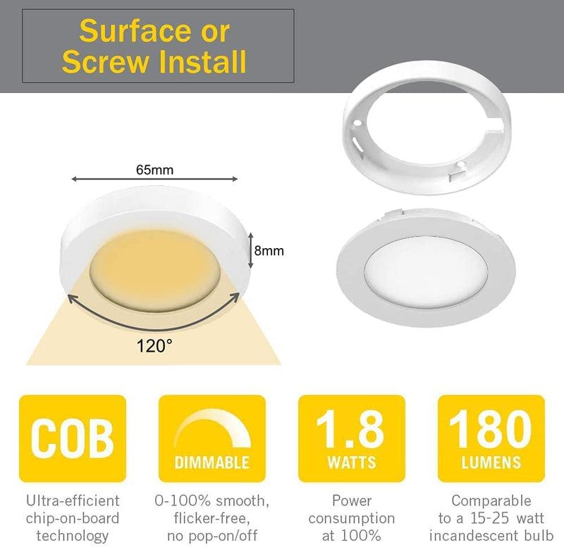 VST Under Cabinet Lights Plug in with Wired Touch Dimmer Switch,Recessed or Surface Mount,Natural White 3000K 12V 2W(12W Total, 60W Equivalent),6 Pack White Puck Lights Fixtures White 6 Pack