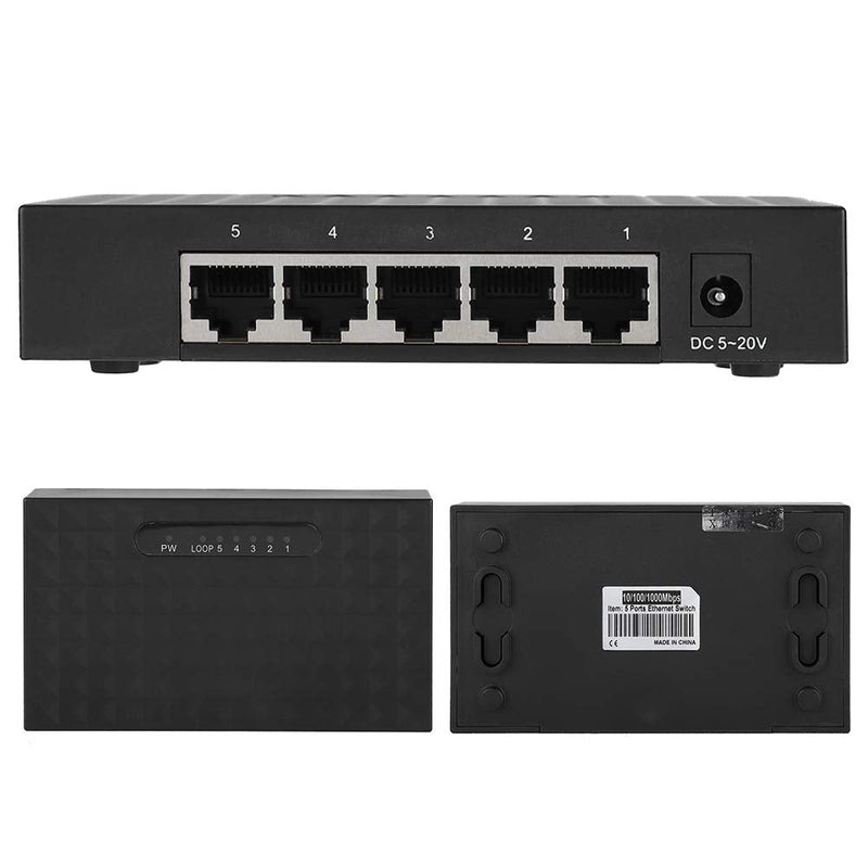 Sonew Gigabit Ethernet Switch, 5 Port Fast 10/100/1000Mbps Ethernet LAN Hub Network Gigabit Switch, Full/Half Duplex Adaptive Mode, Black(US Plug) US Plug