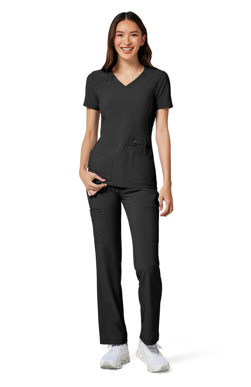 Cherokee Women's Medical Scrub Top Iflex V-Neck Knit Panel Top - CK605 Medium Black