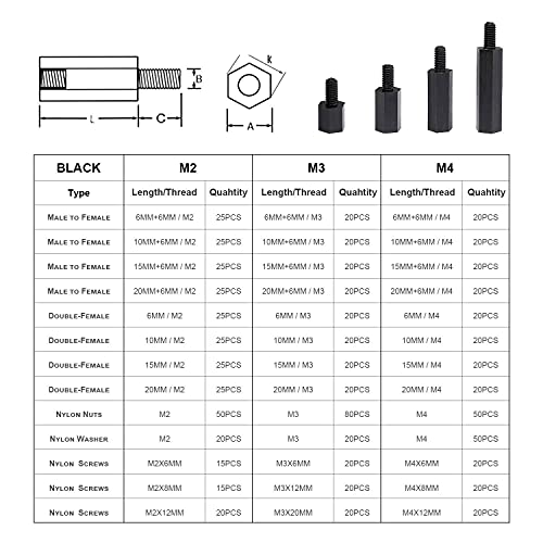 LitOrange 320PCS M2 Male Female Nylon Hex Spacer Standoff Screw Nut Assorted Assortment Kit (Black)