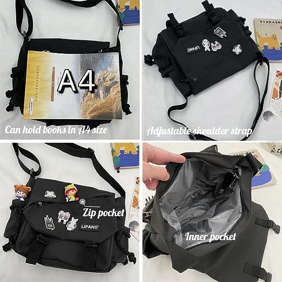 Aesthetic Crossbody Bag with Cute Pins and Ornament, Nylon Shoulder Messenger Bag Japanese Kawaii Bag for Women Men L-black-fit Laptop