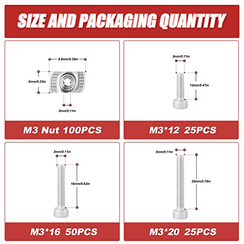 200pcs M3 T-Nuts Assortment Kit, Hammer Nut with Hex Socket Head Screws for Profile Groove M3 T-Nuts Socket Head Screws