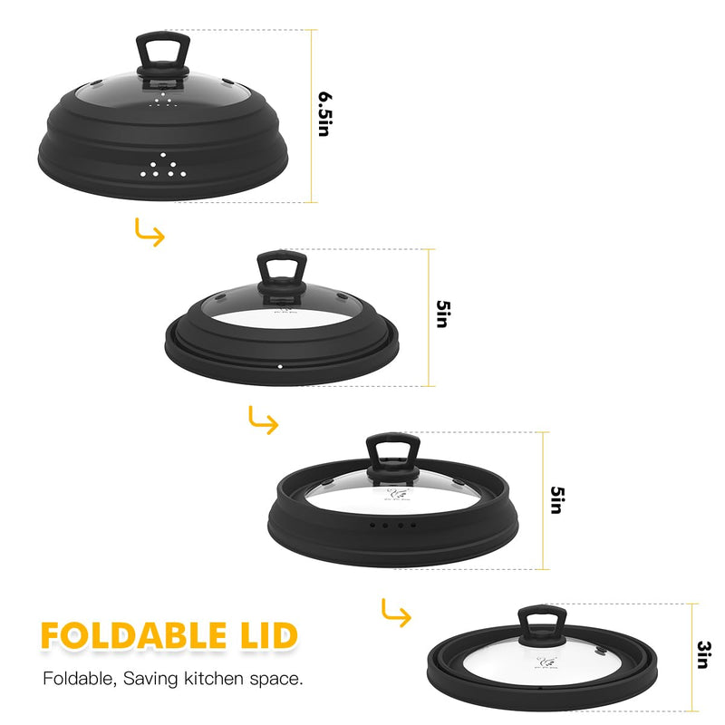 Microwave Splatter Cover Vented Glass Splatter Guard Lid with Collapsible Silicone for Food as Pot Cover Plate 10.8 inch for 6 7 8 9 10 inch Plate Bowl Black
