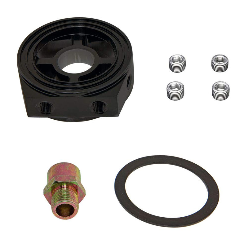 GlowShift Oil Filter Sandwich Plate Thread Adapter - 3/4-16 Thread - Install up to (4) 1/8-27 NPT Oil Pressure & Temperature Sensors - Includes O-Ring & Port Plugs