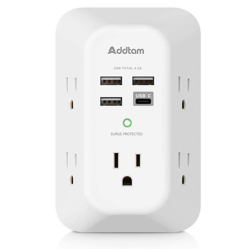 Addtam USB Wall Charger Surge Protector 5 Outlet Extender with 4 USB Charging Ports (1 USB C Outlet) 3 Sided 1800J Power Strip Multi Plug Outlets Wall Adapter Spaced for Home Travel Office ETL Listed 1C3A