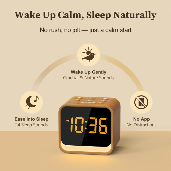 Housbay Wooden Sound Machine Alarm Clock for Bedrooms - Gentle Wake-Up with Birdsong, White Noise for Sleeping, Small Digital Clock for Phone-Free Routine Oak