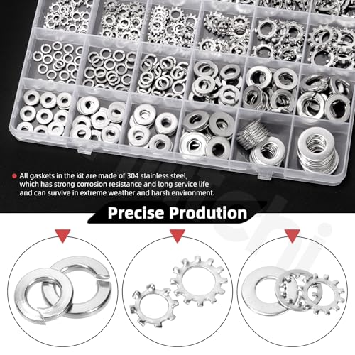 Hilitchi 400PCS 6 Sizes British 304 Stainless Steel External Star Washer Internal Serrated Lock Washer Set Split Washers Quick Speed Locking Washer for Screws Bolts(#6#8#10 1/4” 5/16” 3/8”) British System