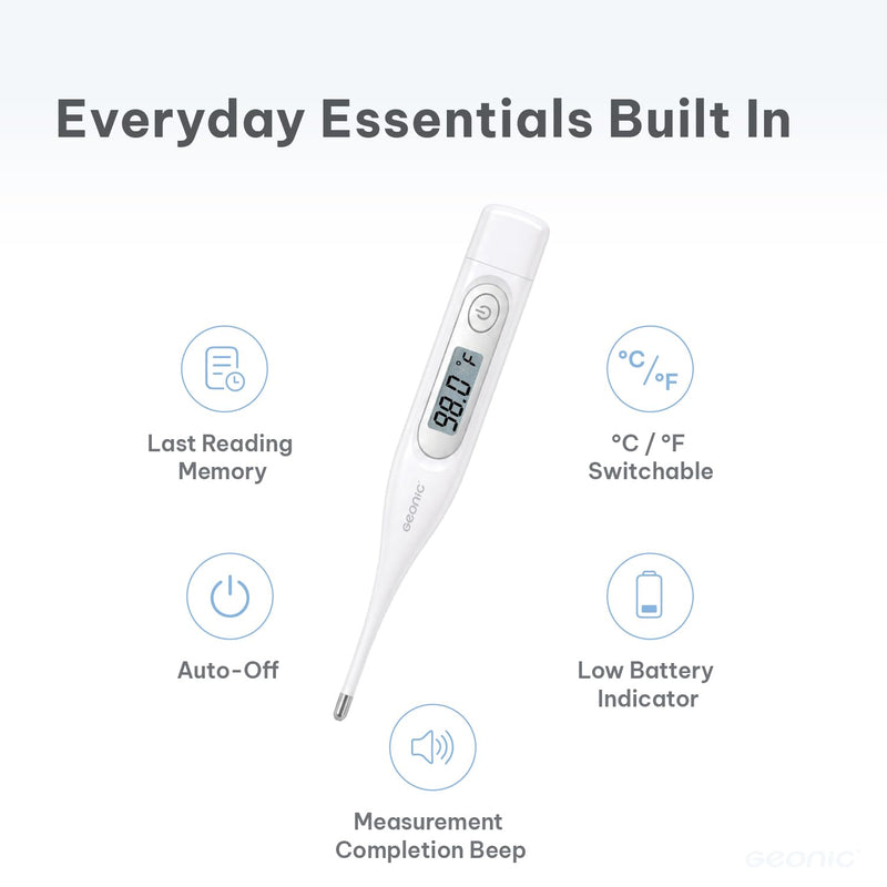 Digital Thermometer for Adults & Kids, 60-Second Reading, 3-in-1 Oral Rectal Underarm Use, Fever Alarm, Memory Recall, Water-Resistant, White
