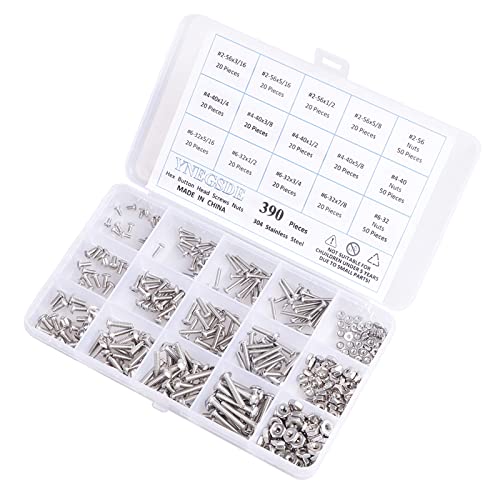 Machine Screw Assortment Kit #2-56/ #4-40/ #6-32 UNC Button Head Cap Screws Bolts Nuts 304 Stainless Steel Nuts and Bolts Assortment Kit, Full Thread, Allen Hex Drive, 390 Piece