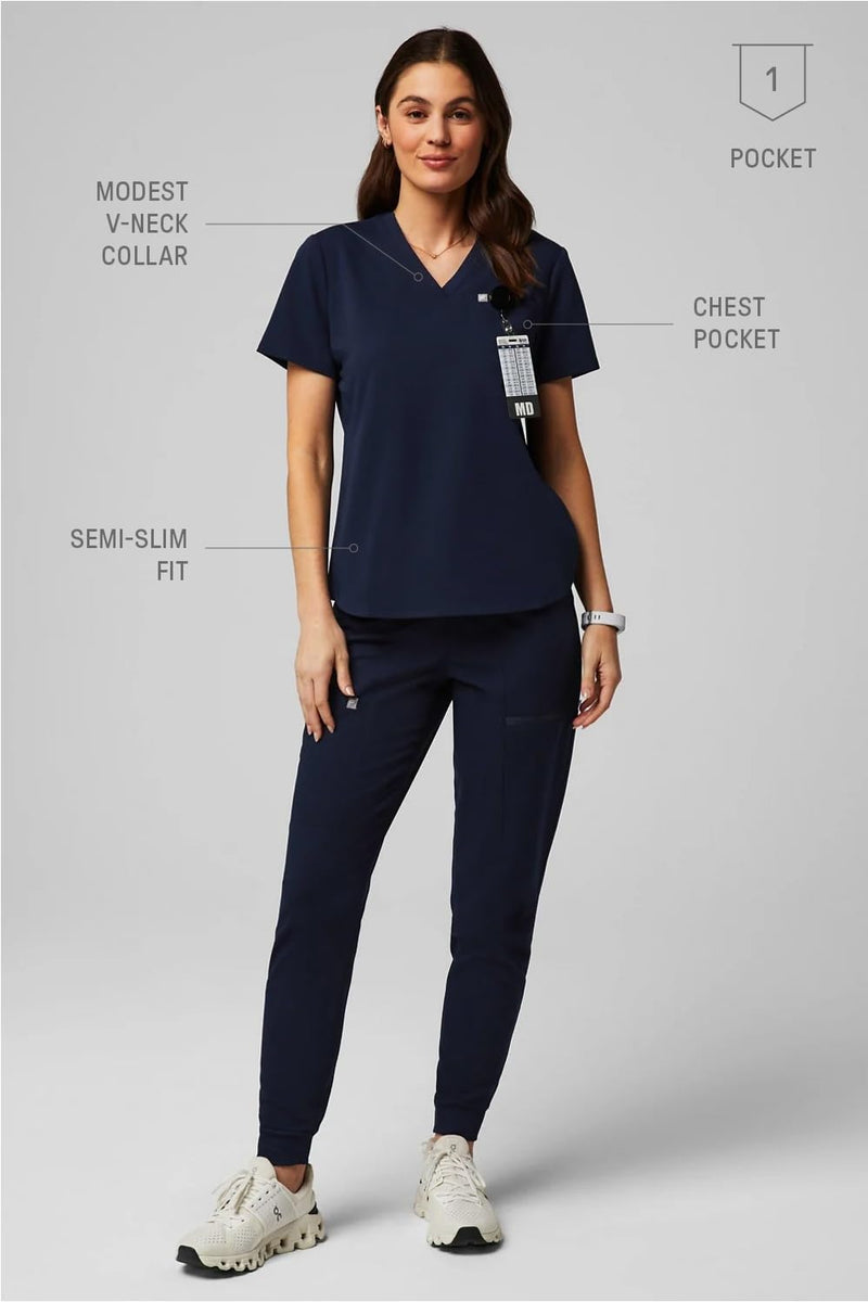 Fabletics Women's Vital 1-Pocket Scrub Top - MotionTech, Wrinkle-Resist, Chest Pocket, Anti-Shrink, Semi-Slim Fit Medium Navy