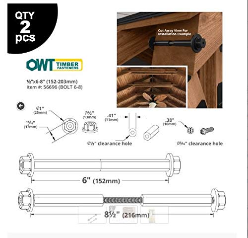 OZCO 2 Pcs OWT Timber Bolts 1/2" x 6–8" | Adjustable Structural Wood Bolts for Pergola, Deck, Beam and Outdoor Wood Structures | Powder-Coated Steel Hardware 1/2" x 6"-8" 2 Pack